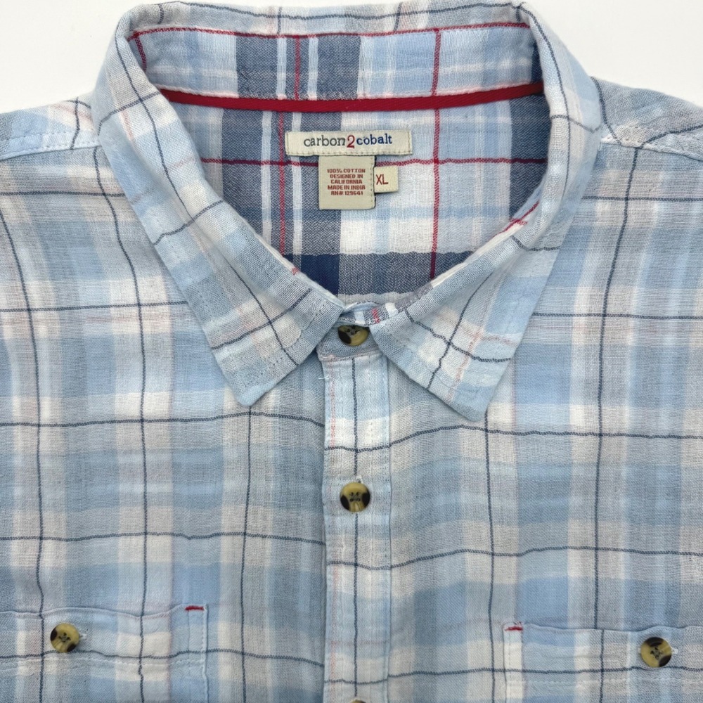 Carbon 2 Cobalt Button Down Shirt Mens XL Blue Plaid Short Sleeve Cotton Gauze